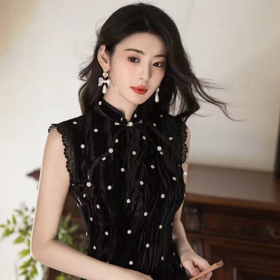 JLM]波点新中式新款丝绒旗袍立领显瘦修身