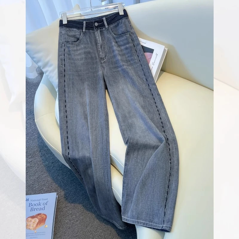 拉夏贝尔 高级感灰色阔腿牛仔裤春秋2025新款高腰宽松刺绣直筒裤