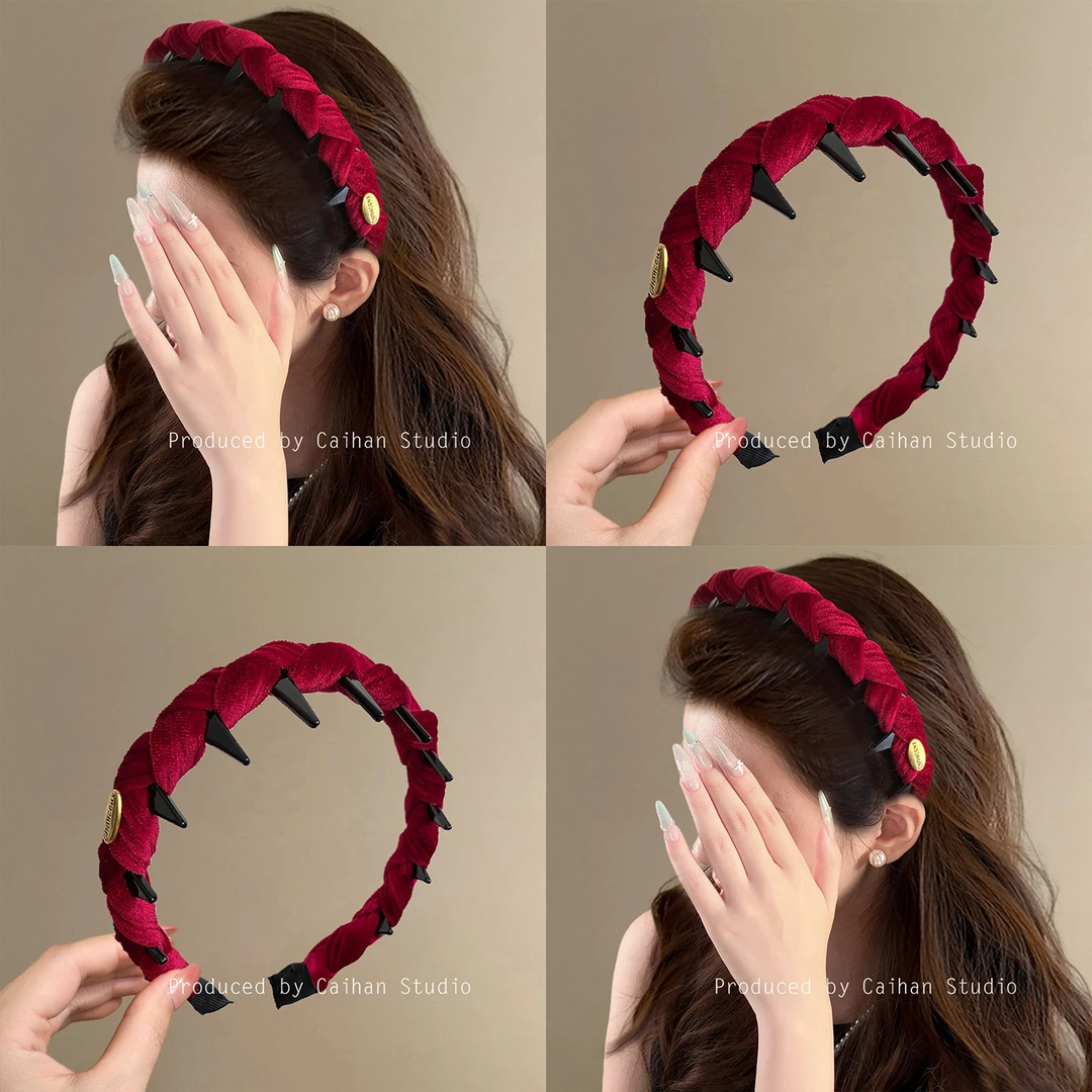 特调热红酒~气质金标丝绒发箍新年氛围感带齿高颅顶头箍旅行发卡