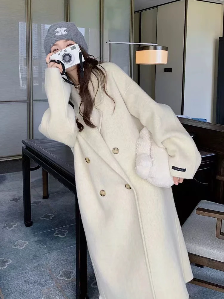 高级感韩系阔版澳洲细羊毛大衣女新款宽松显瘦长款时尚毛呢外套