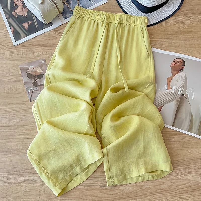 拉夏贝尔阔腿裤女2025年夏季新款松紧高腰垂坠感九分防晒直筒裤子