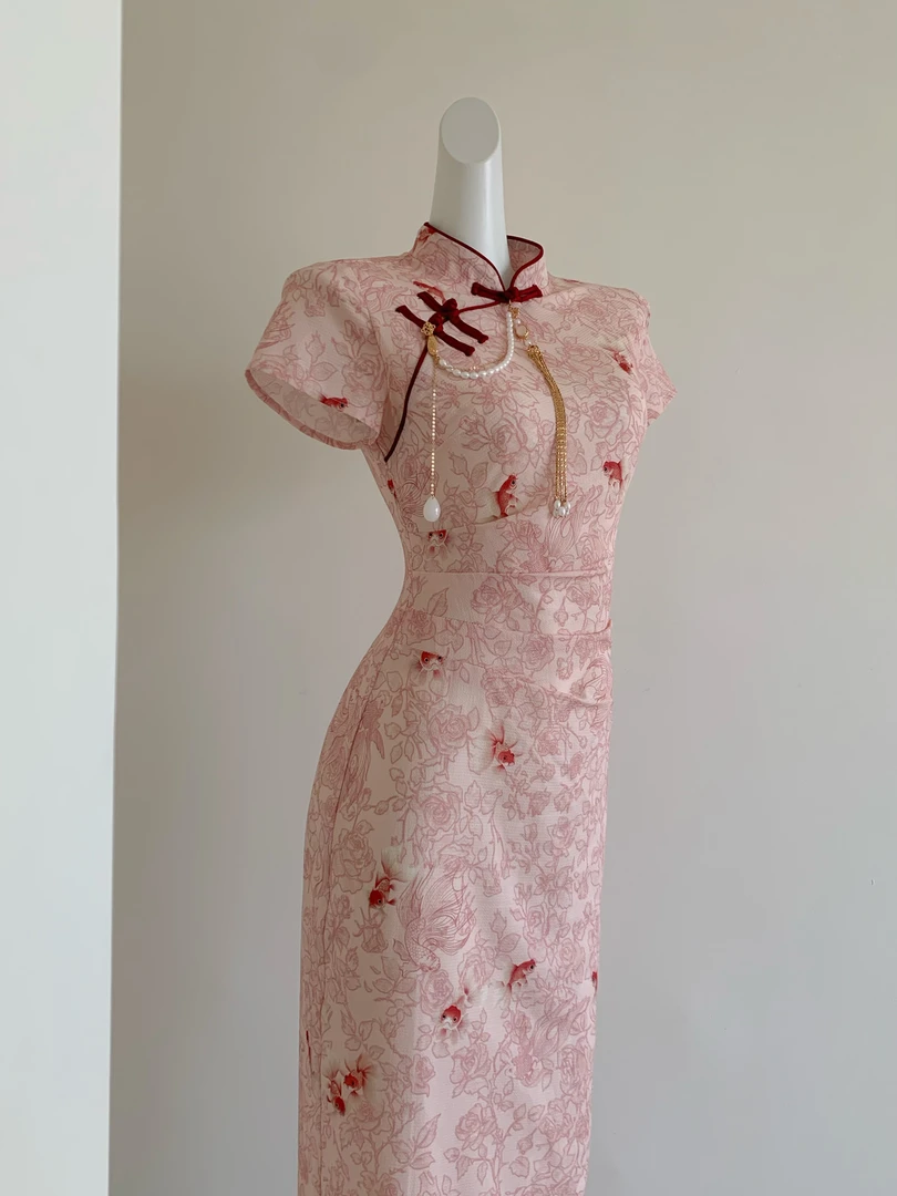 【锦瑟年华】粉色新中式国风改良旗袍连衣裙女御姐风气质高端