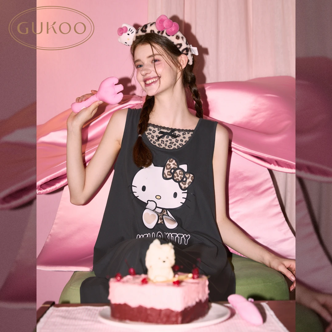 Gukoo/果壳三丽鸥HELLOKITTY黑色睡裙豹纹蕾丝边夏甜酷纯棉全棉女