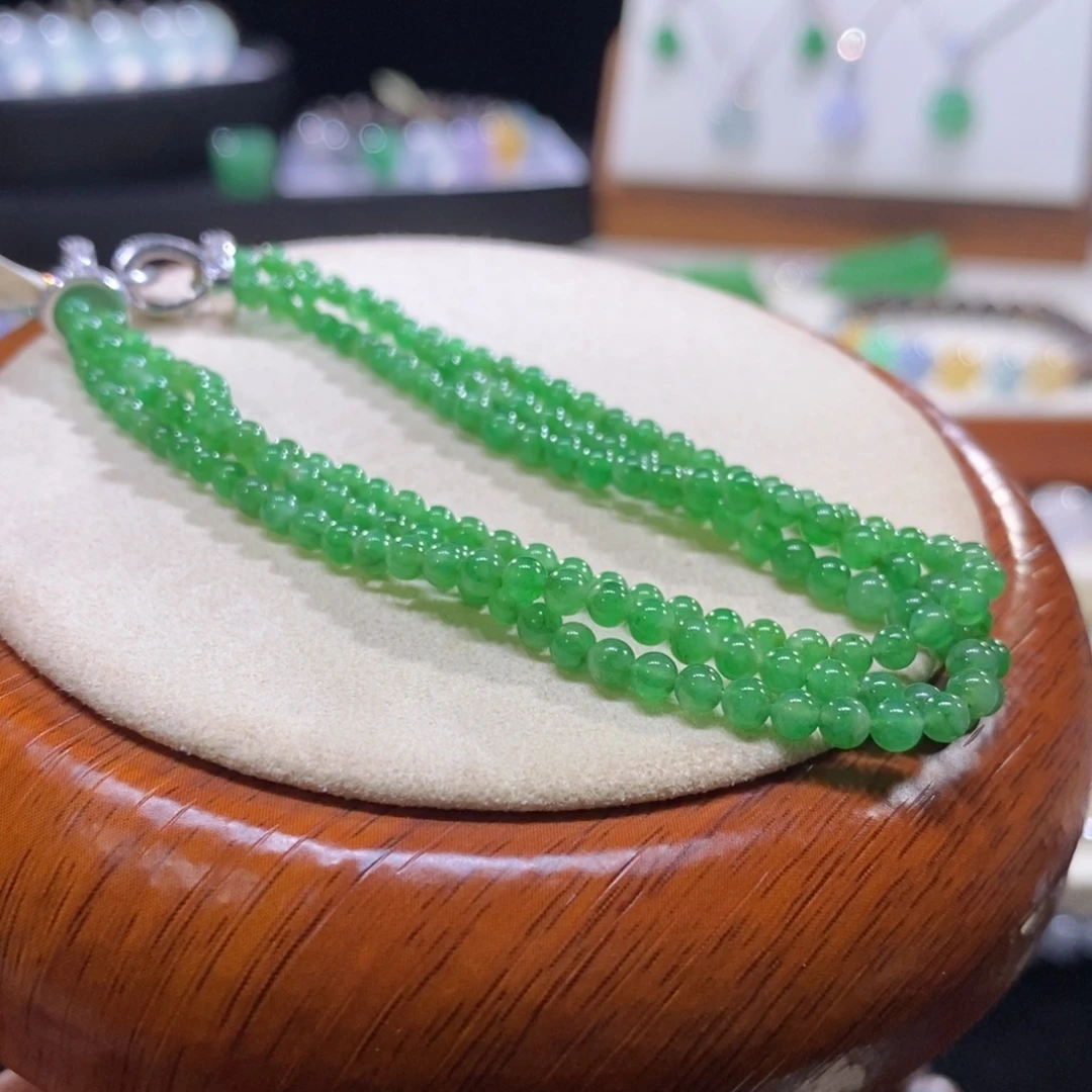 翡翠未镶嵌颈饰翡翠18K金冰满绿小米珠串