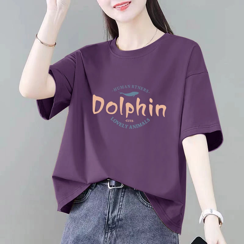 100%纯棉夏季新款大码宽松显瘦休闲百搭日常款圆领印花短袖ins