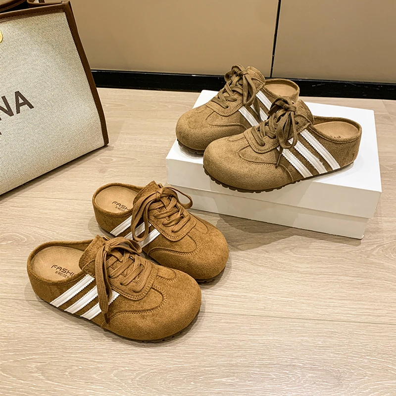 4CM内增高德训鞋女2025新款秋季复古百搭包头半拖鞋博肯鞋