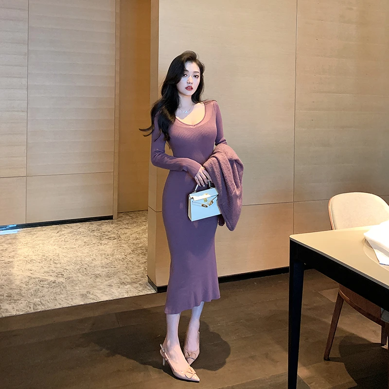 林关关紫色长袖针织裙包臀连衣裙女秋季气质修身连身裙长裙G81146