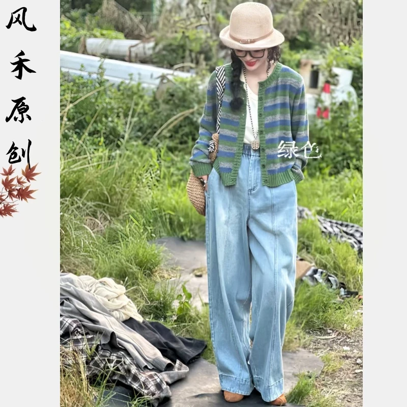 风禾原创【98703】秋季新款时尚复古百搭圆领色织条纹长袖针织开衫