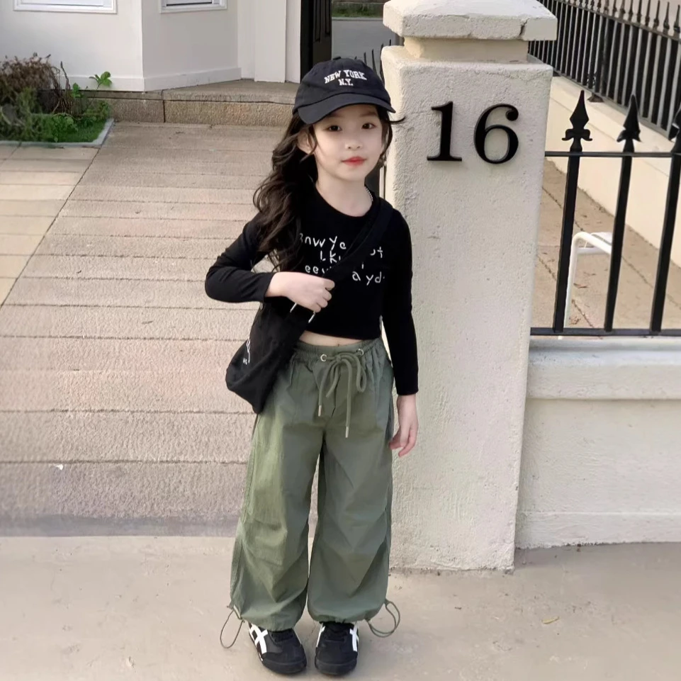 2025春夏季新款韩版黑色小辣妹T+长裤基础款抽绳伞兵裤轻薄套装
