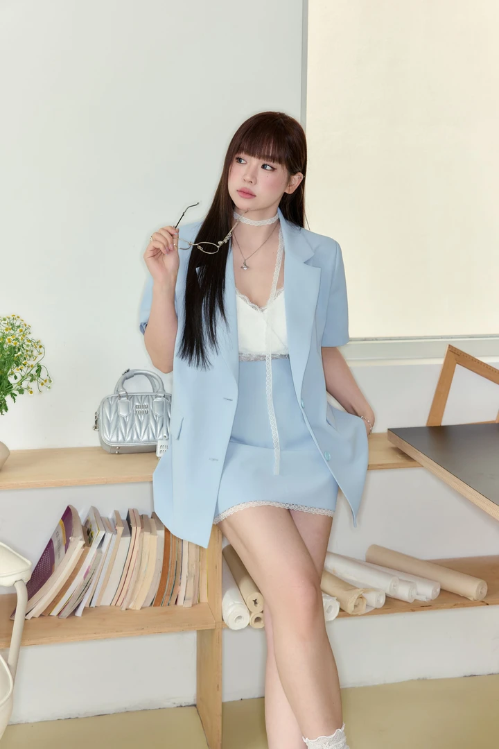 张大人【清风海岛】大码女装微胖妹妹蓝色气质西装搭半裙吊带套装