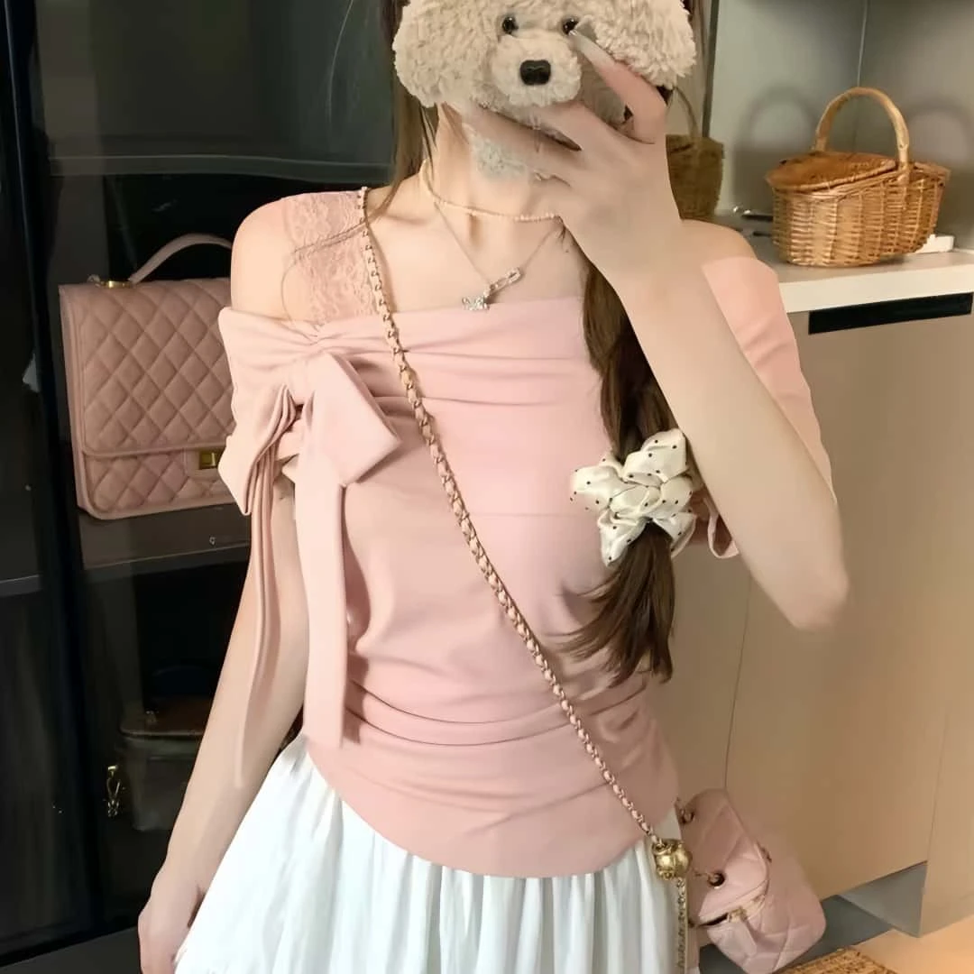 大码胖MM一字肩纯欲T恤女夏季蝴蝶结露肩短袖甜妹上衣女设计感潮