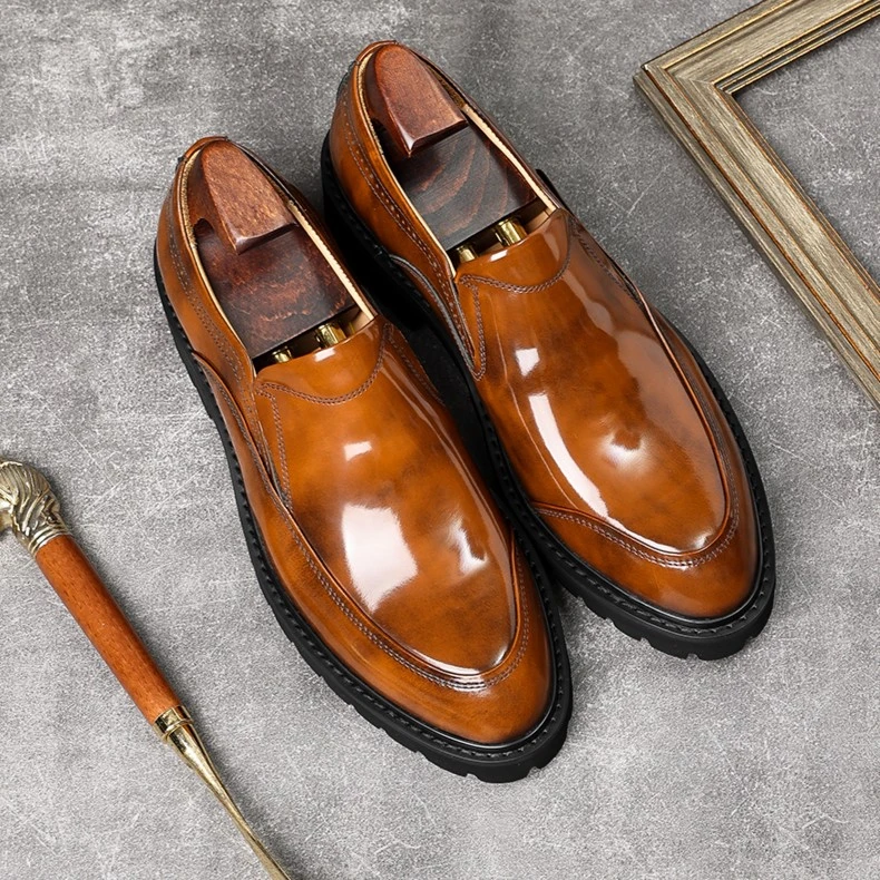 欧版男士一脚蹬真皮正装皮鞋尖头开边珠擦色套脚百搭英伦透气夏季