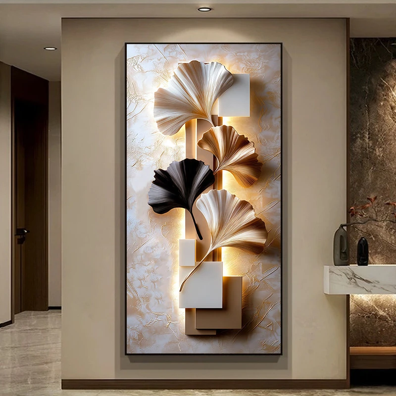 现代轻奢玄关装饰画高级客厅银杏叶入户过道背景墙正对门走廊挂画