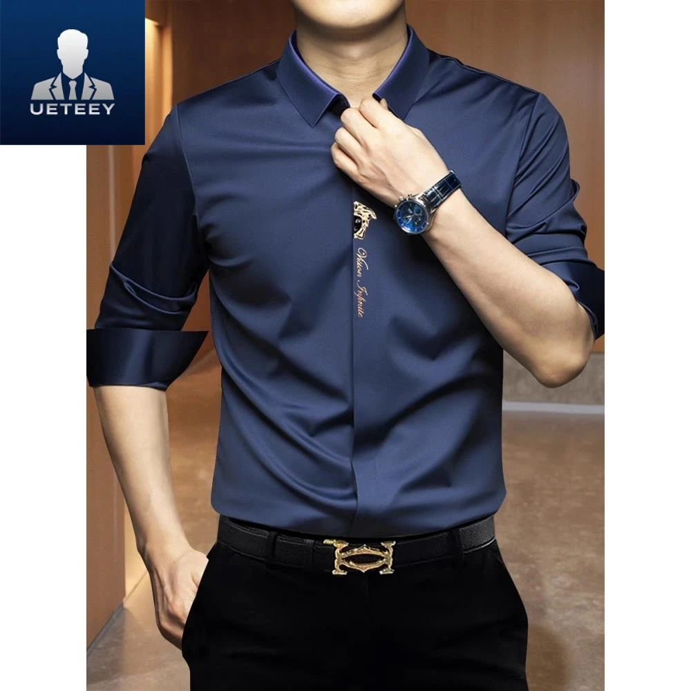 秋季潮牌痞帅薄款衬衣男士弹力修身免烫抗皱高档休闲长袖衬衫男款