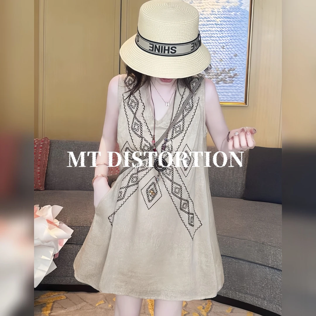 MT DISTORTION 法式气质V领无袖背心连衣裙新款宽松显瘦小裙子
