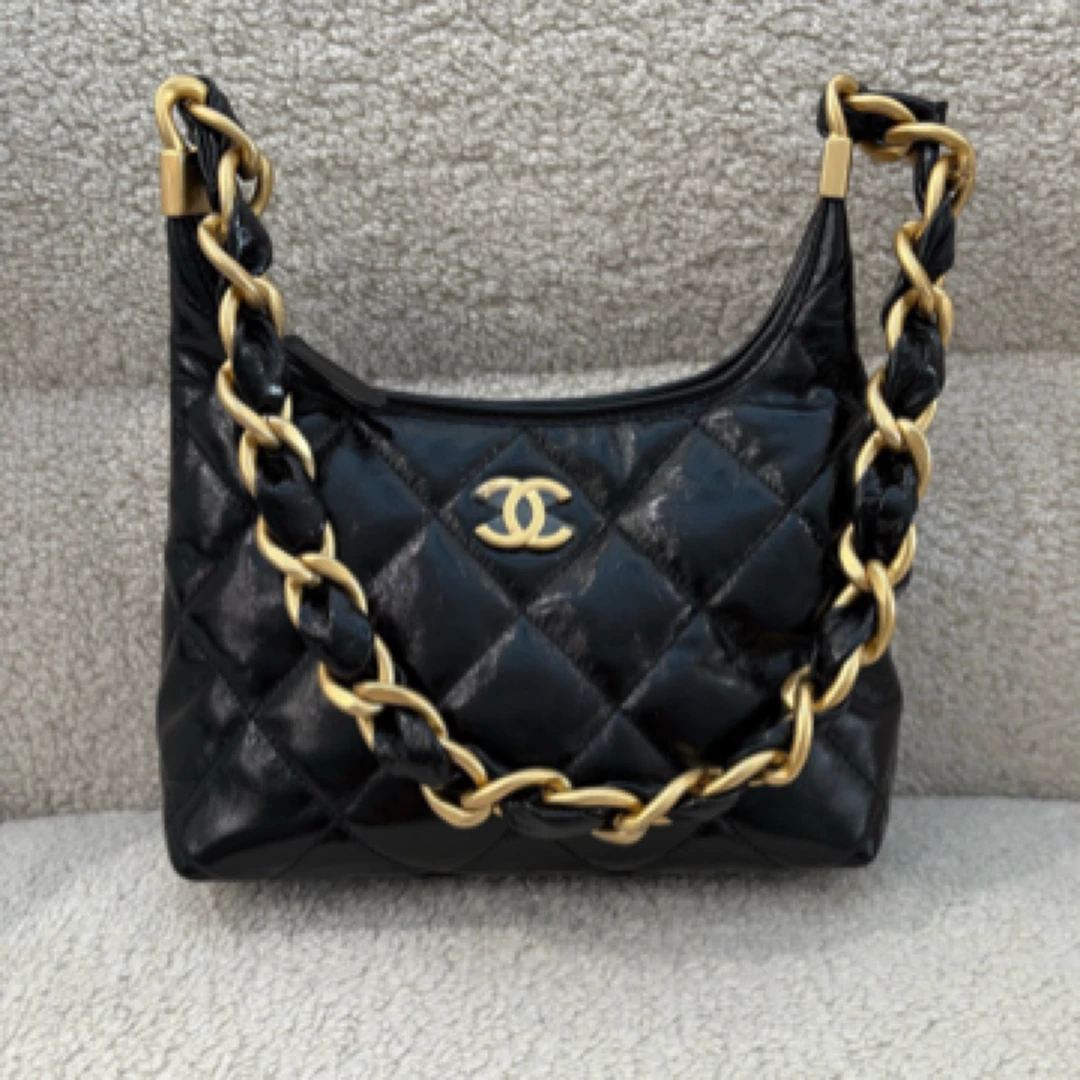未使用 Chanel/香奈儿 25A黑金羊皮hobo包手提包腋下包