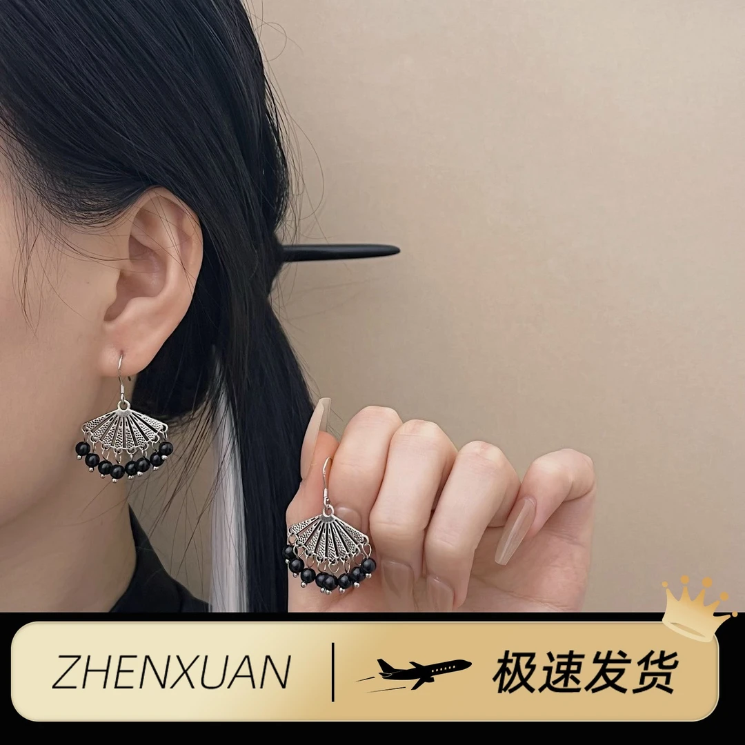 新中式黑色耳环复古扇形耳钩女新款中国风耳坠旗袍汉服显瘦耳饰
