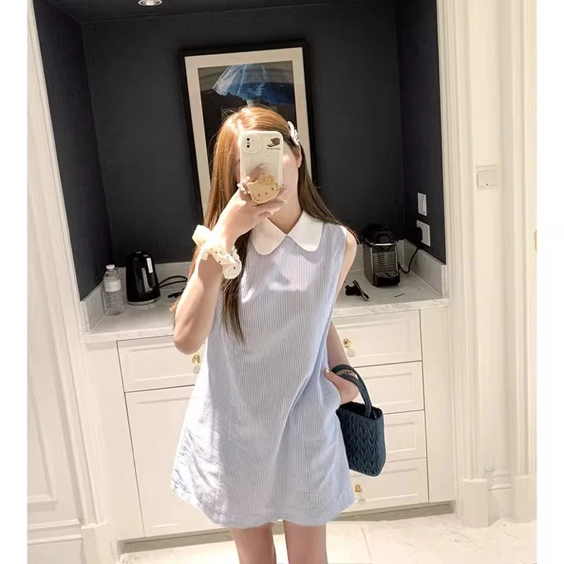 学院风短裙子无袖2025法式条纹无袖小个子娃娃领连衣裙