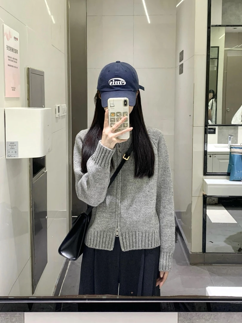 【风雅知性】秋冬灰色针织开衫拉链气质减龄外套黑色休闲长裤两件套