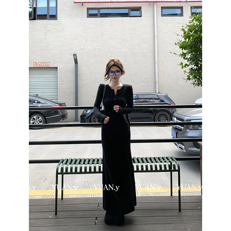 媛媛【韩漫学姐】黑色连衣裙女垂坠感长裙气质连身裙小黑裙#Q1351