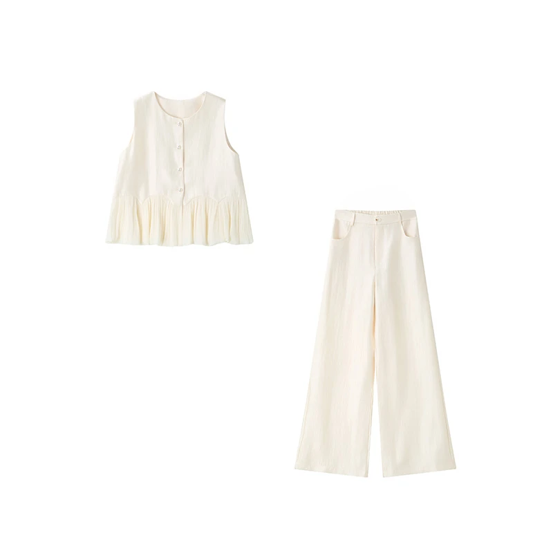 珩绣2025年夏法式珠光感圆领珍珠上衣裤子套装88977