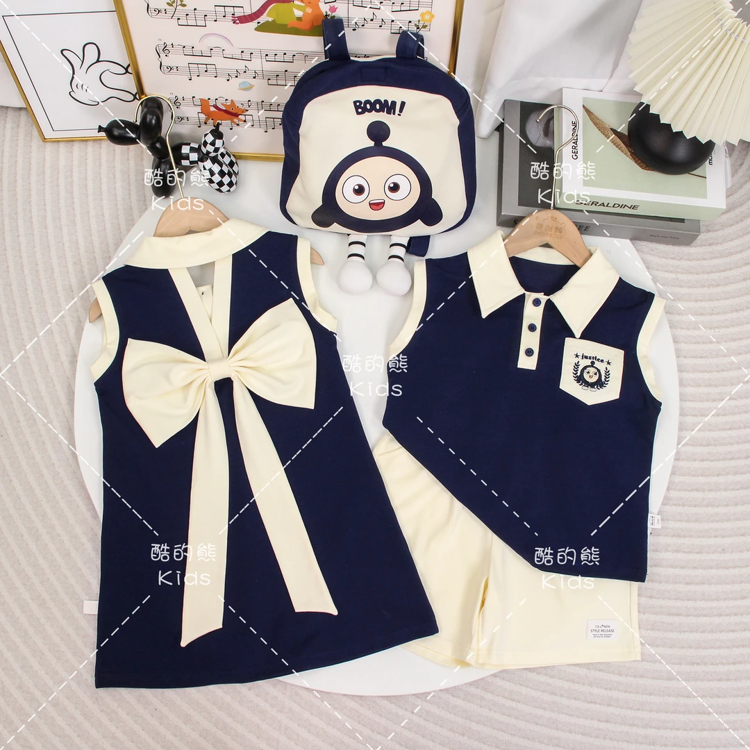 夏季2025男童女童翻领背心套装儿童韩版时尚洋气背心裙D2S6-726