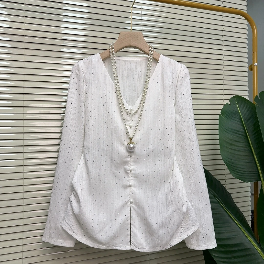 时尚大码收腰波点亮钻重工长袖衬衫2025新款上衣通勤显瘦气质时尚