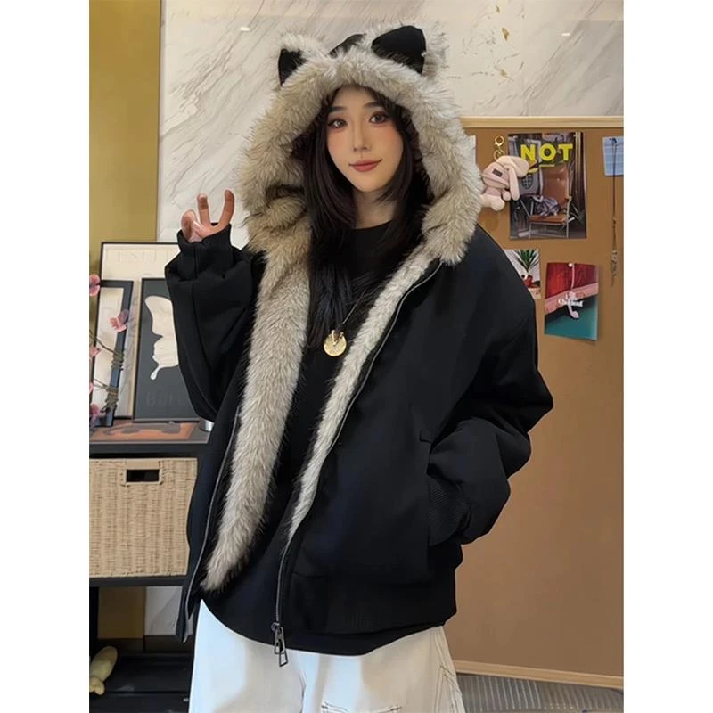 猫耳座山雕棉服男女款冬季加绒美式连帽棉衣cleanfit短款情侣外套