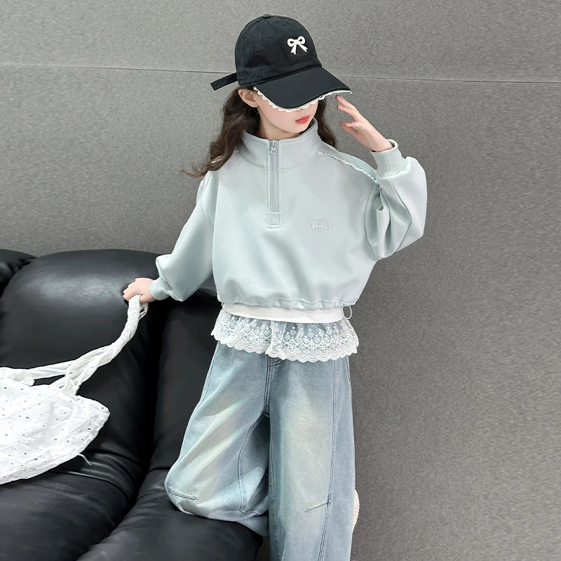 童花边卫衣套装立领春秋款儿童2025新款中大童韩版时髦洋气春装