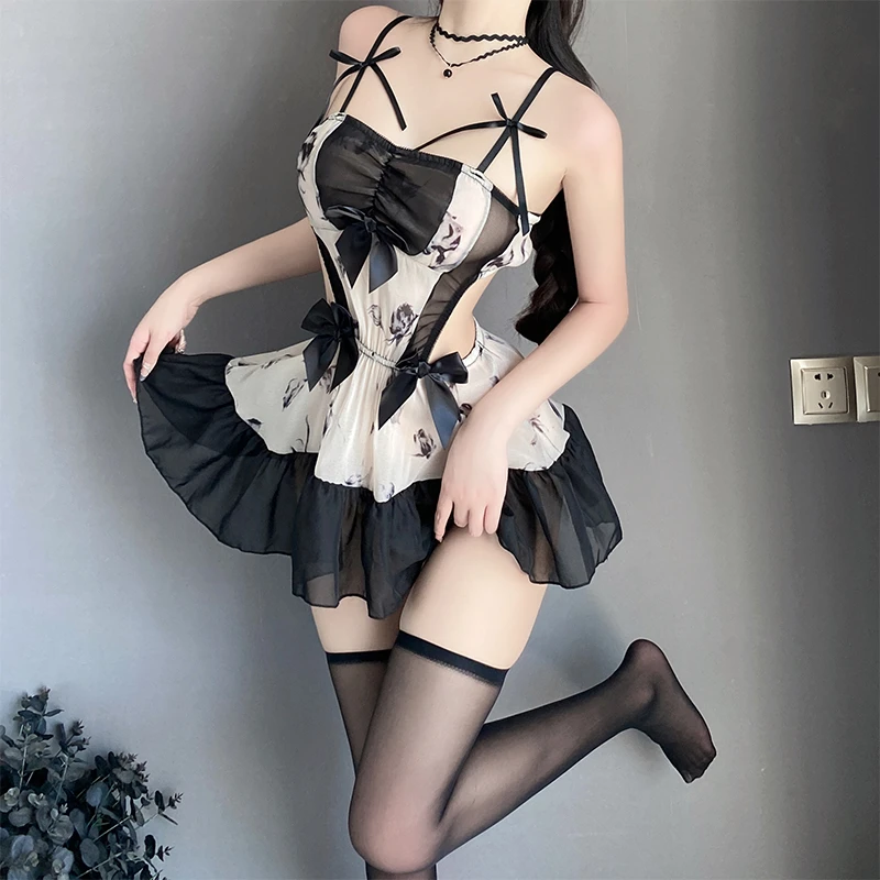 新款纯欲风性感吊带睡衣通用拼接女薄款印花透气睡裙连衣裙网红