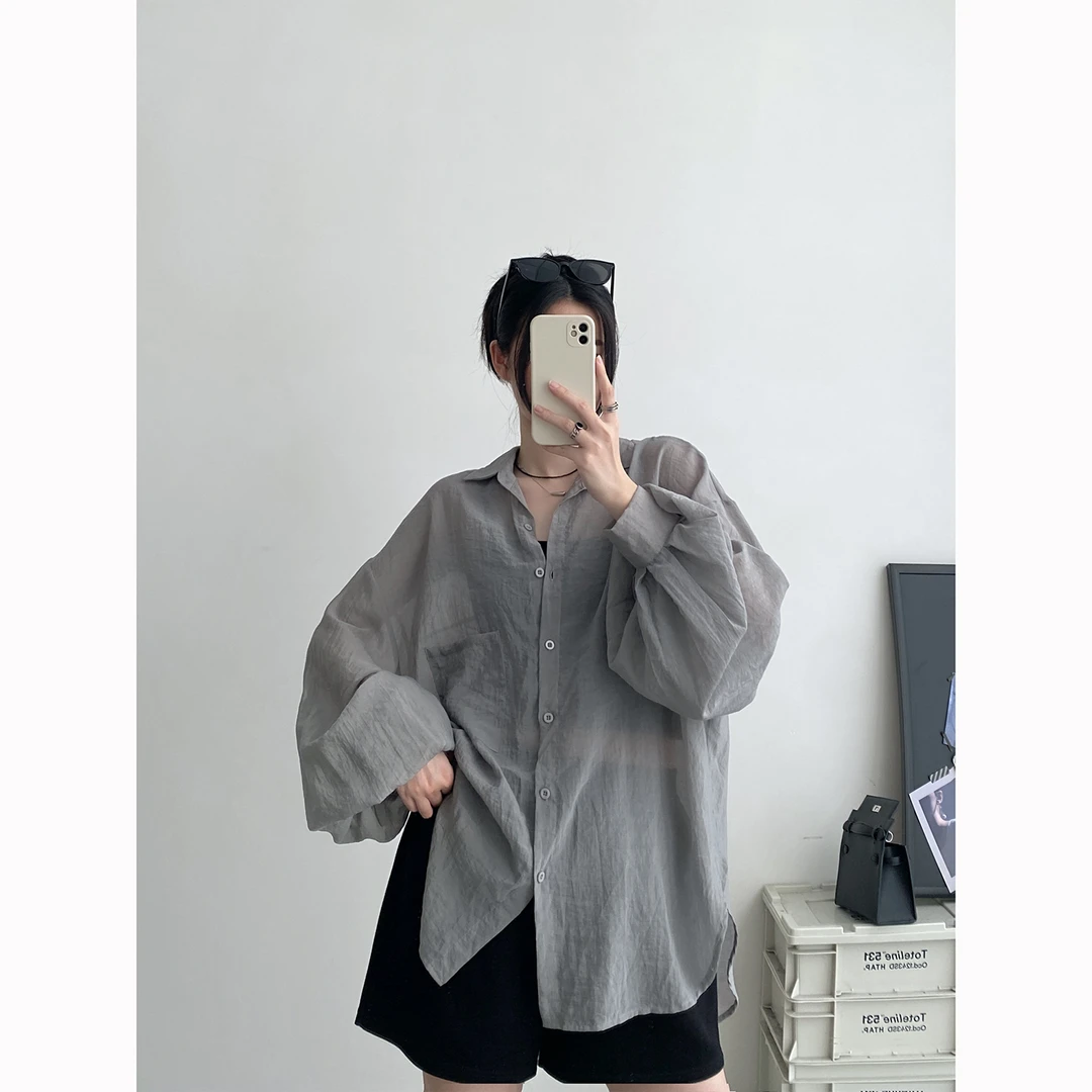 外穿晚风朦胧感高光微透衬衣灯笼袖慵懒随意宽松防晒衬衫女