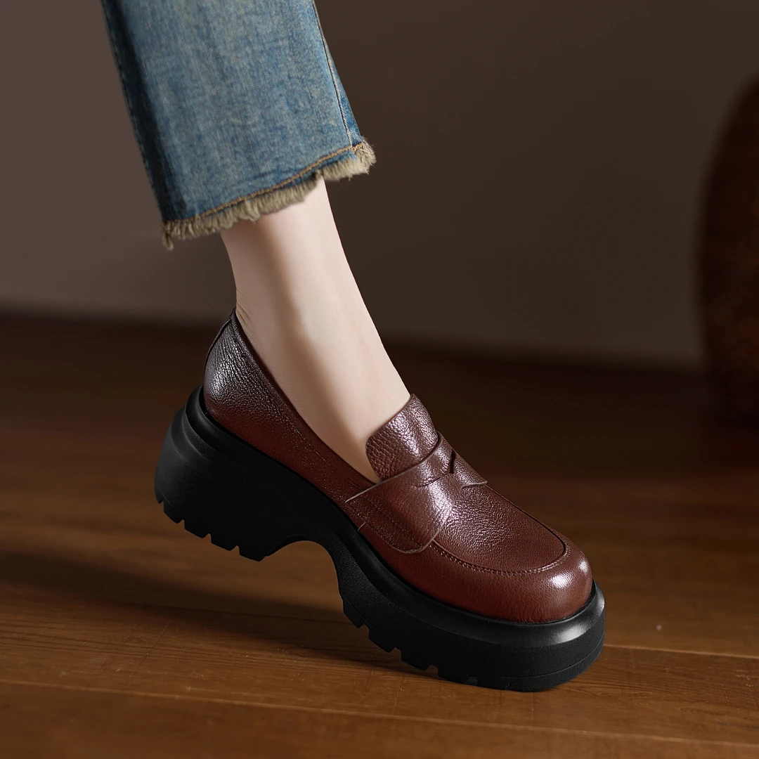 小个子增高7cm~厚底乐福鞋新款真皮粗跟单鞋女一脚蹬英伦风小皮鞋