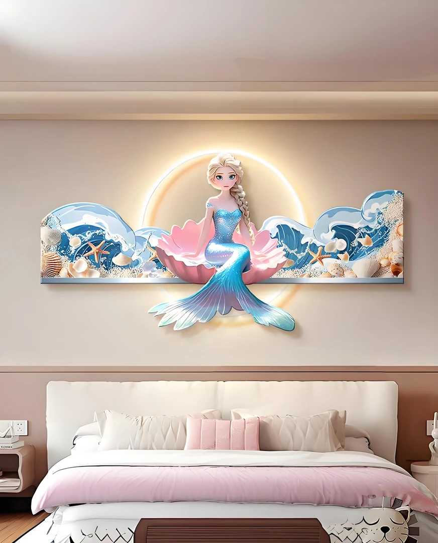 美人鱼儿童房间床头装饰画卡通公主房卧室挂画海浪背景墙时尚挂画