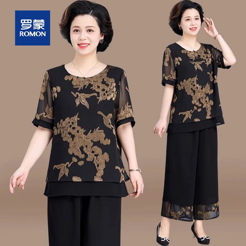 罗蒙妈妈高贵小衫2025新款夏装套装中老年夏季大码雪纺衫上衣女