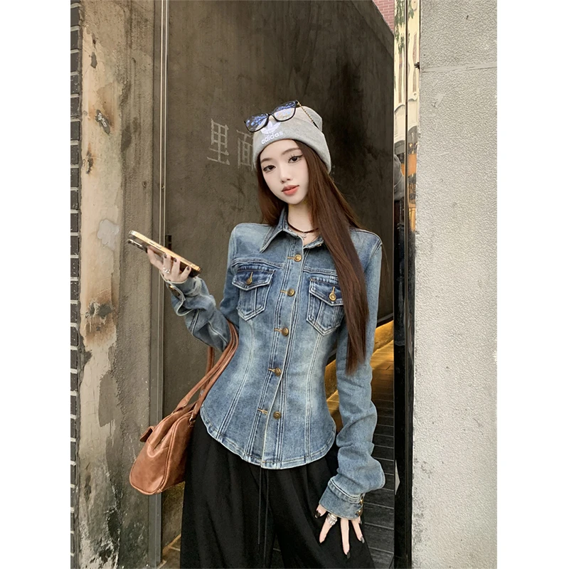 韩版复古休闲polo领牛仔衬衫女春秋季款设计感收腰修身辣妹上衣潮