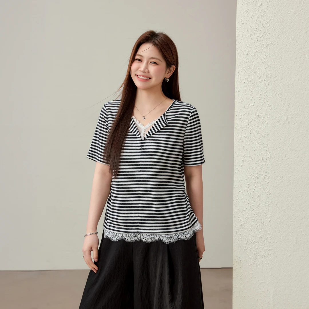 【条纹设计感花边】纤莉秀E大码女装拼接T恤夏装新款QK1763