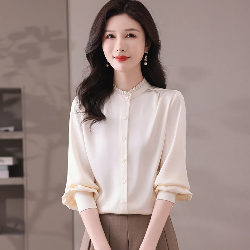 杭州缎面重磅真丝衬衫女长袖时尚立领春秋桑蚕丝衬衣纯色百搭上衣