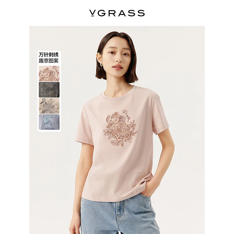 VGRASS绣花云柔经典短袖T恤25年春季新款上衣VST1Q1051E
