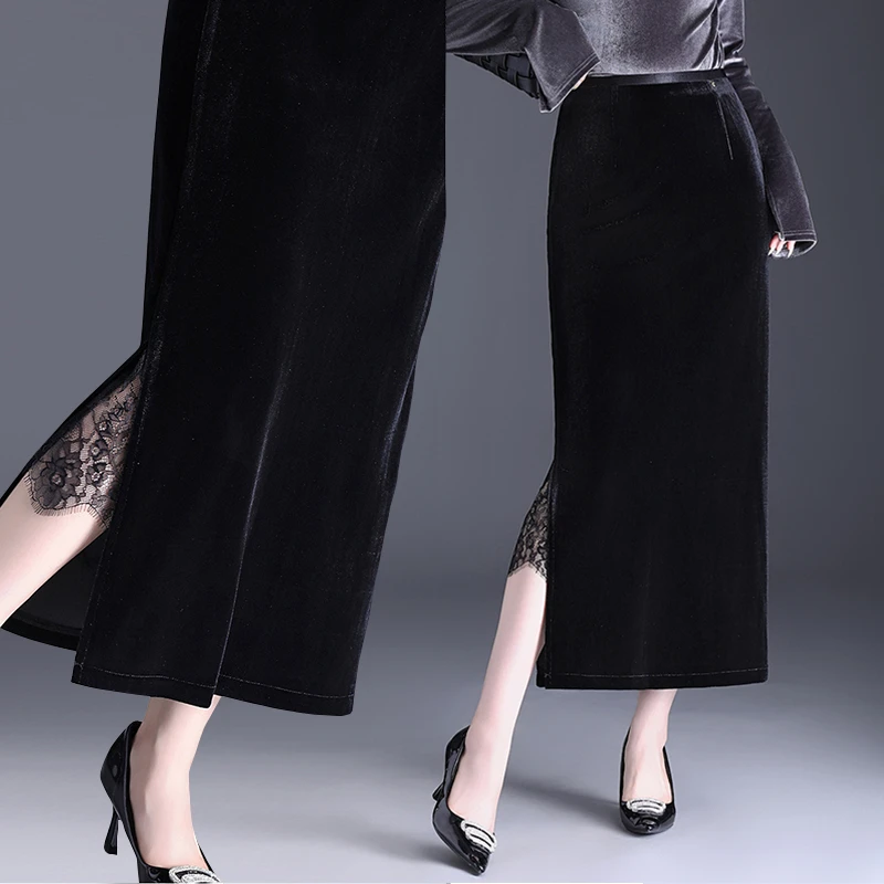 蕾丝开叉半身裙包臀裙女秋冬新款气质高腰长裙黑色金丝绒直筒裙子