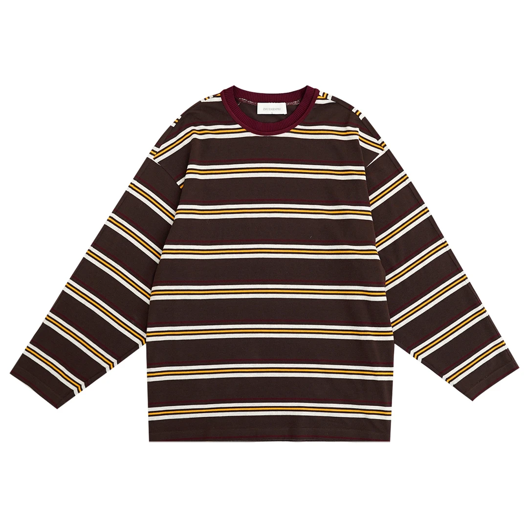 设计师原创时尚简约宽松圆领咖色条纹撞色休闲长袖T恤-Z354263