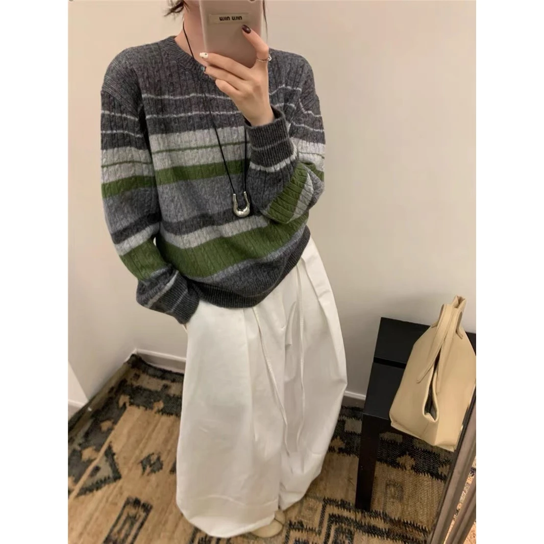 /灰绿条纹套头/撞色条纹圆领长袖慵懒风针织衫 衣长58 95327
