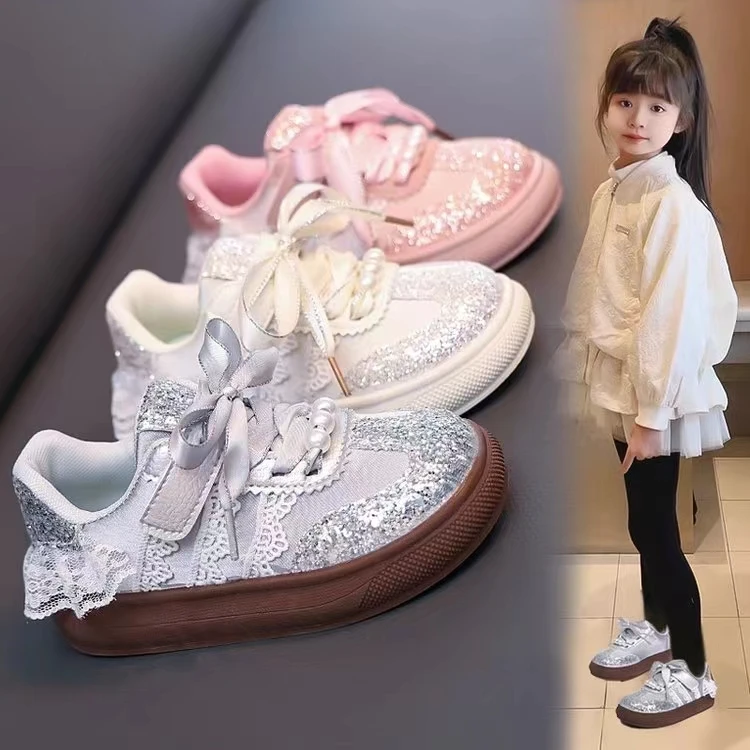 女童德训鞋韩版中大童洋气蕾丝小白鞋女孩春季新款亮片走秀款板鞋