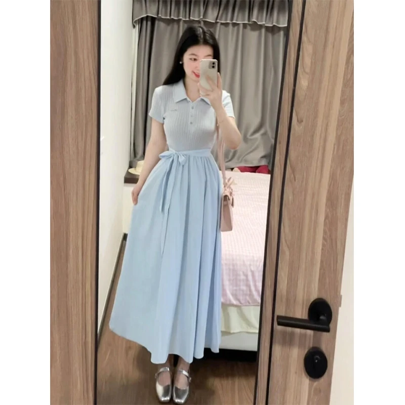 韩系穿搭减龄针织拼接短袖连衣裙女夏季新款法式收腰显瘦气质长裙
