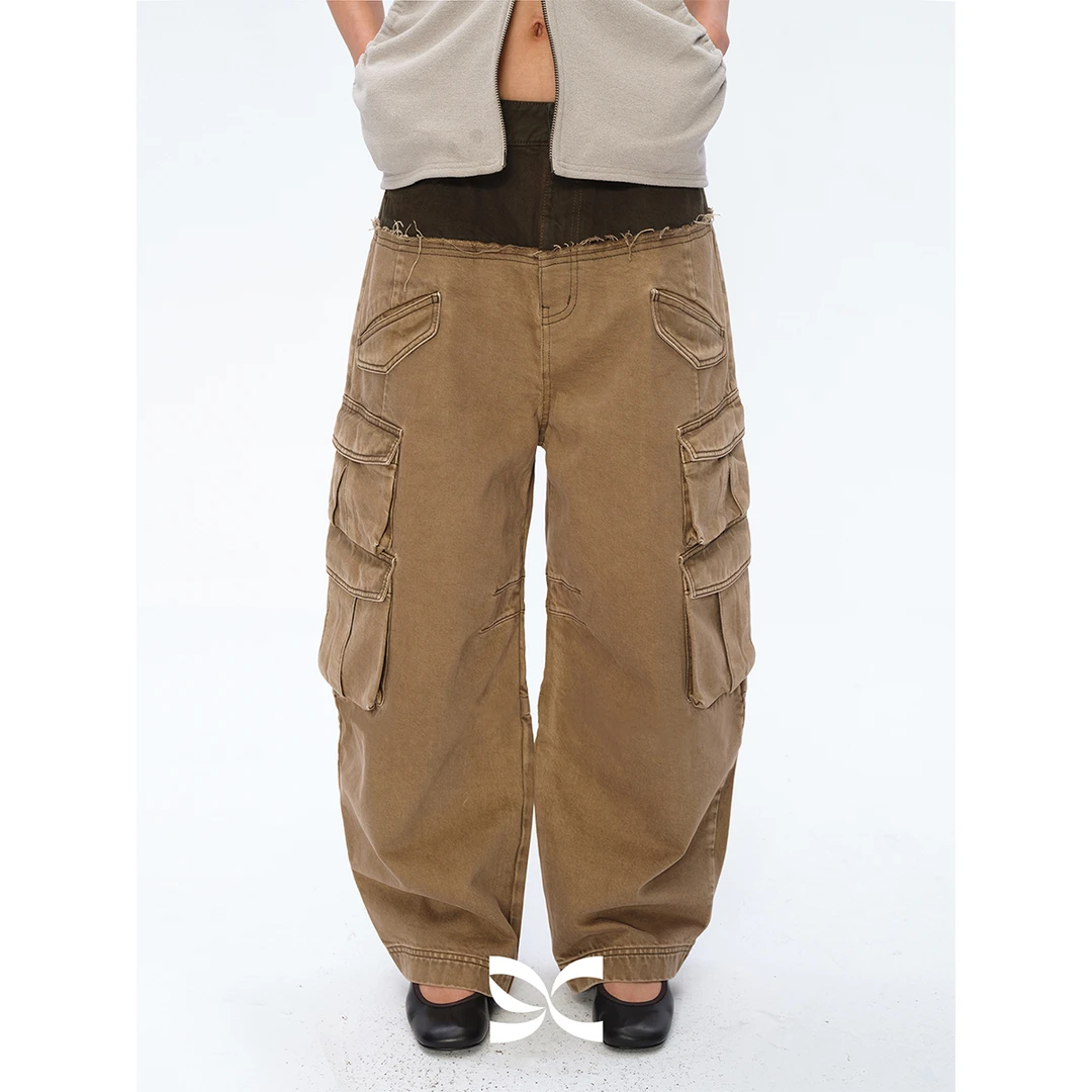 Square Circle 撞色拼接毛边做旧水洗牛仔多口袋弯刀工装裤长裤