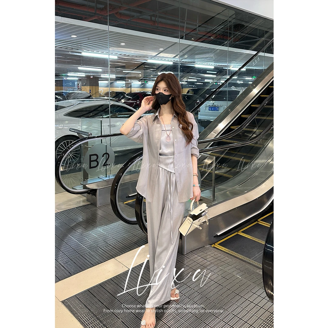 Liixu夏季遮肉显瘦防晒衬衫吊带背心松紧腰阔腿裤三件套L52TZ310