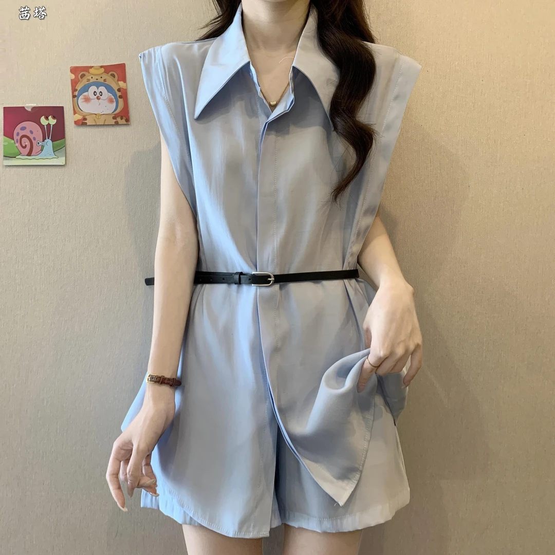 时尚休闲高级感套装女夏装大码微胖mm遮肉减龄显瘦衬衫短裤两件套