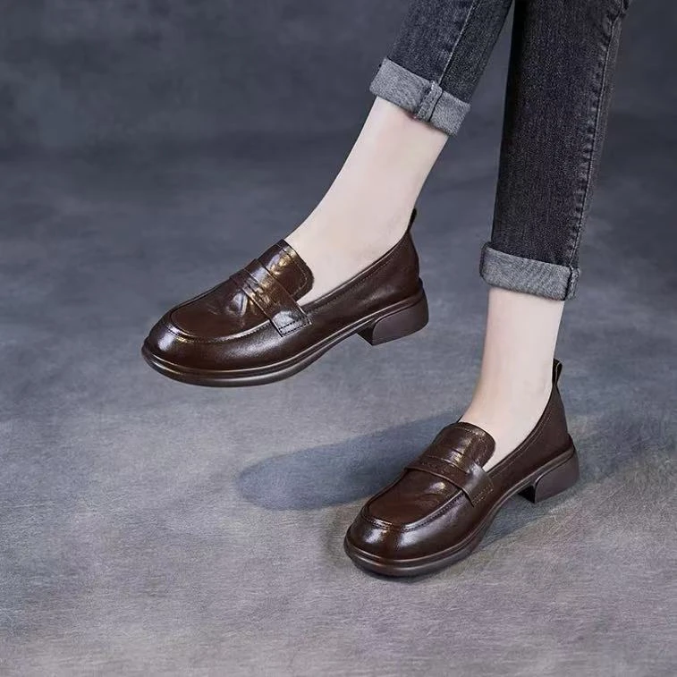C5721 棕色 时尚英伦风乐福鞋2025新款舒适低跟软底真皮深口单鞋