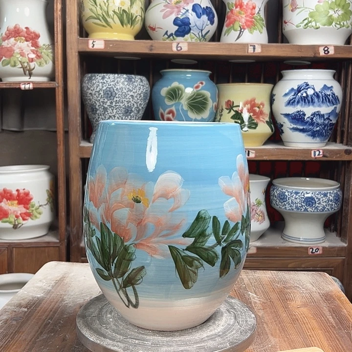 陶瓷但盆油画牡丹新款新款陶瓷陶瓷