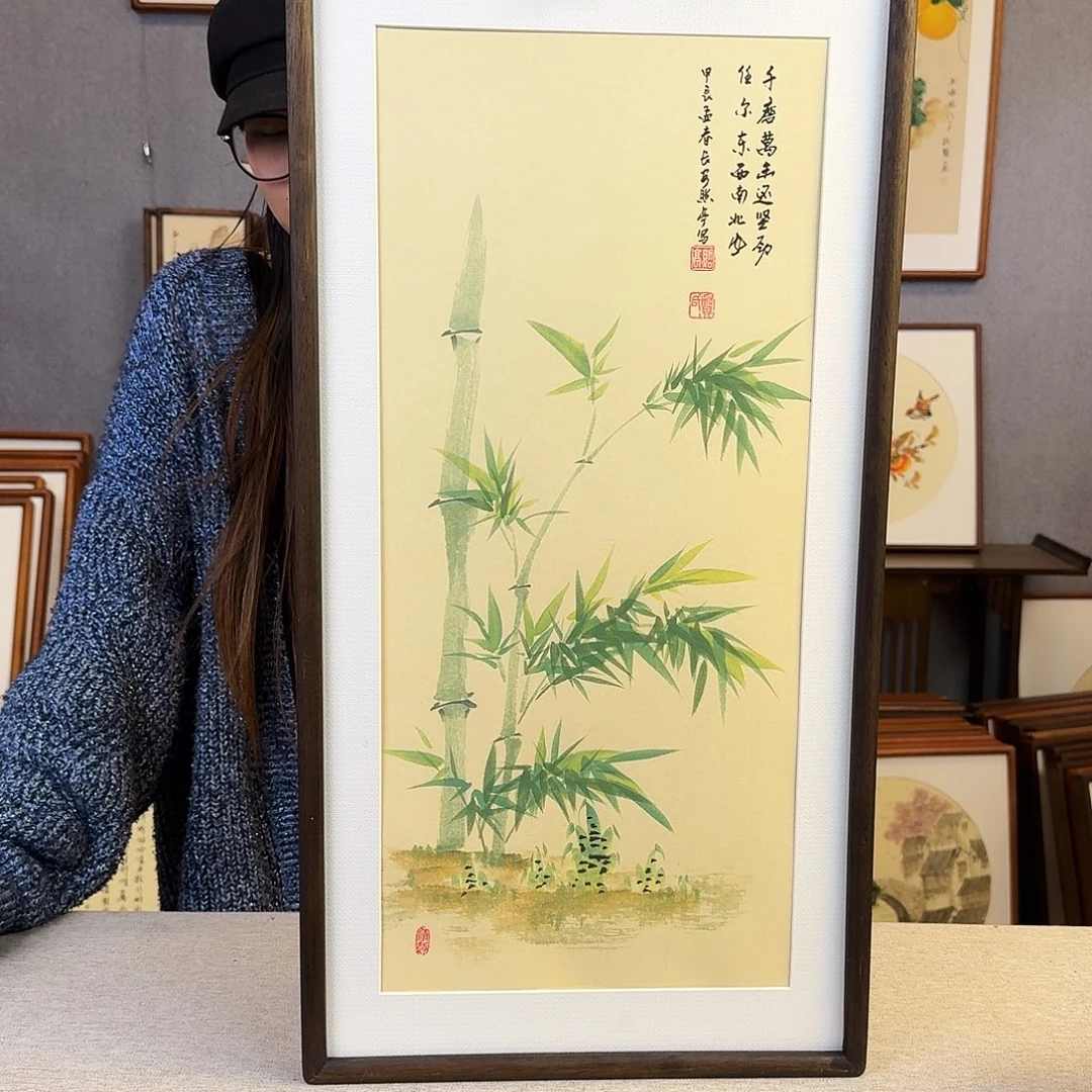 国画纯手绘，纯手写带框尺寸：36×69厘米