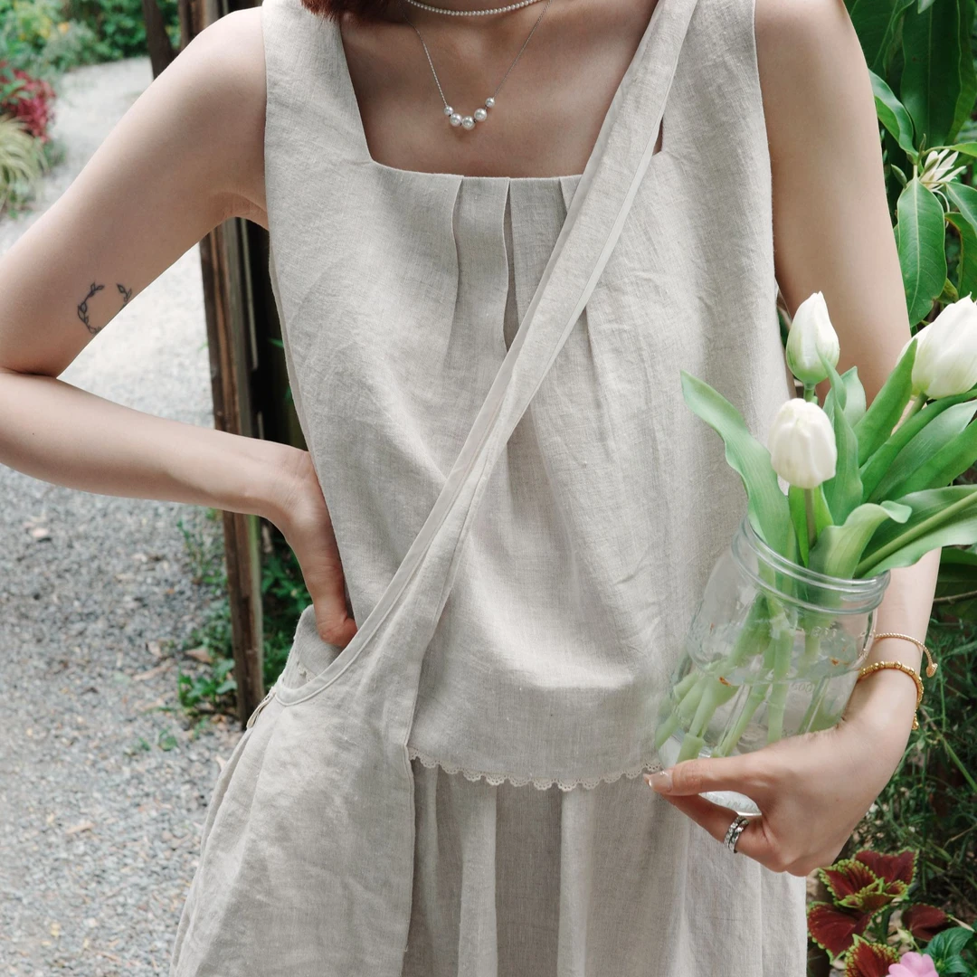 「白描工作间」"塞林格女孩"100亚麻/棉两色绣花格纹半身裙/背心